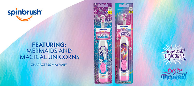 Spinbrush Mermaid and Unicorn kids toothbrush packaging