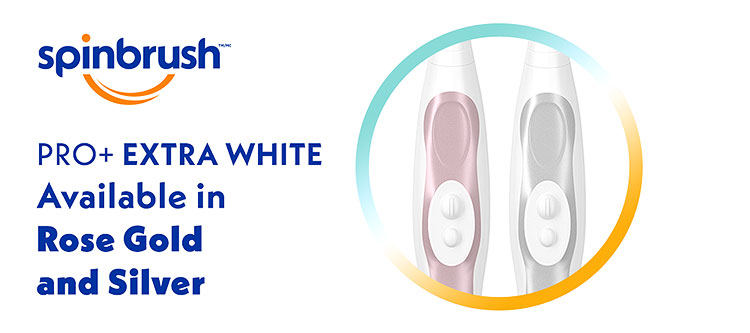 Spinbrush pro extra white toothbrush available in colors rose gold and silver