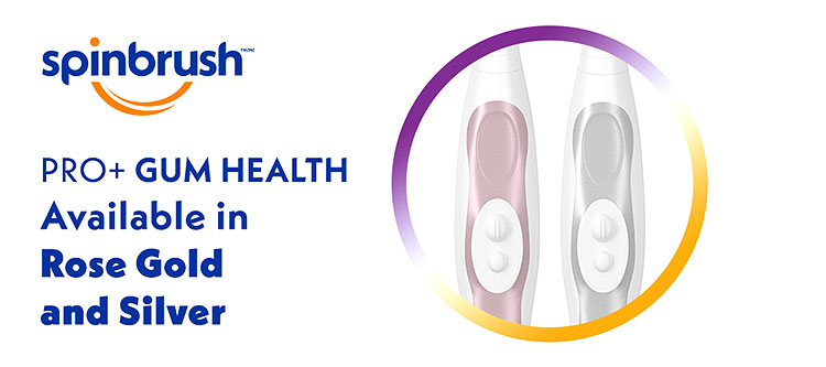 Spinbrush pro gum health toothbrush available in colors rose gold and silver